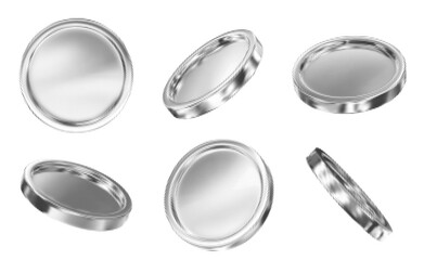 3D set coins with halftone effect and different angles. Black and white colors. Stock vector illustration on isolated background.