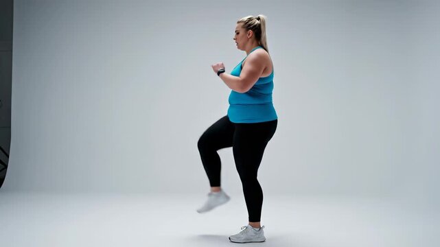Side profile of determined plus size woman in blue sportswear performing high knee exercises on white background. The scene highlights effort, body positivity, and active fitness routine