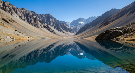 A serene mountain lake reflects the surrounding landscape on a clear day