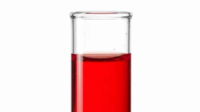 Vibrant Red Liquid in Glass Container - A clear glass test tube filled with a vibrant red liquid. The liquid is slightly transparent, showcasing small bubbles and an even surface, set against a plain