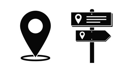 Simple black location pin and navigation sign icons displayed on a white background © Momtaj
