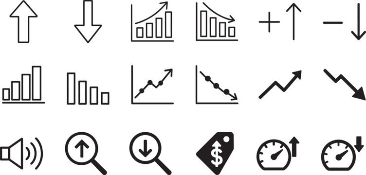 Increase and decrease icon set with up and down arrows. Clean outline vector for business, finance UI.