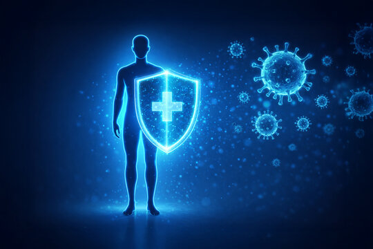 Immunity Protection Concept with Human Silhouette and Glowing Shield Against Viruses