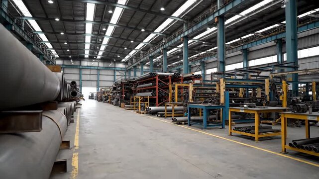 Industrial Pipes in Factory Warehouse - An indoor shot of a large industrial factory warehouse with rows of metal pipes on shelves.