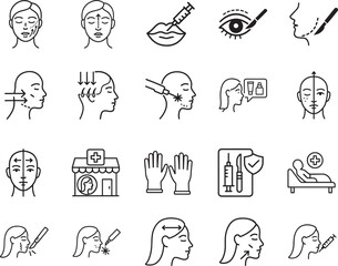 Obraz premium Minimalist linear beauty surgery icon set with cosmetic procedure symbols. Clean outline vector for clinics.