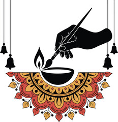 A decorative illustration featuring a hand lighting a traditional oil lamp with floral ornamentation