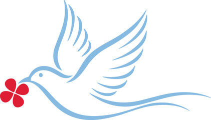 Obraz premium Minimalist blue dove carrying red flower vector logo symbolizing peace, love, freedom, harmony, hope, spirituality, charity, wedding design, humanitarian concept on white background