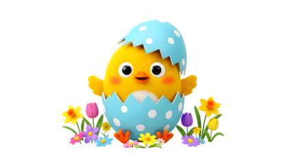 Adorable cartoon yellow chick hatching from a blue polka dot Easter egg