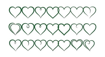 Collection of green heart outlines in three rows on a white background