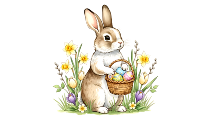 Cute watercolor Easter bunny holding a basket of colorful eggs surrounded by spring flowers