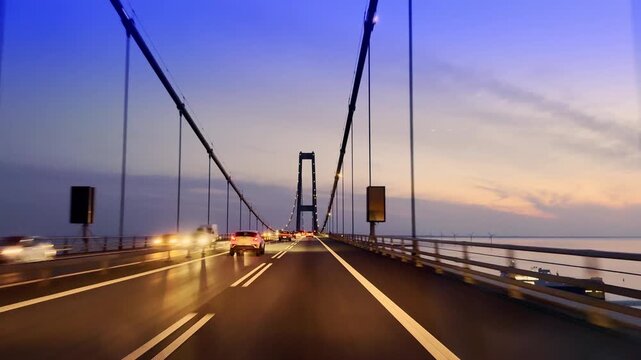 Great Belt Bridge sunset drive with wind turbines, Denmark