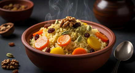 Steaming bowl of pilaf with vegetables and raisins on dark table