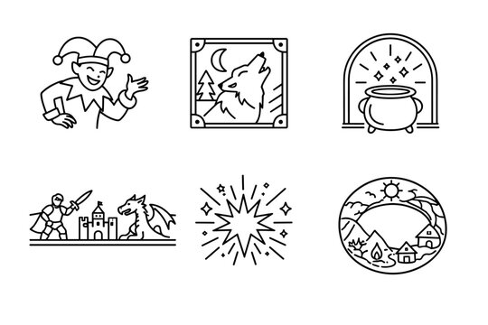 Folklore Icon Line Art. Line style icons of folkloric explanations: trickster figure outline, animal spirit tile, enchanted object