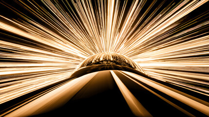 Golden light speed motion blur abstract background with radial lines and dynamic movement in dark space