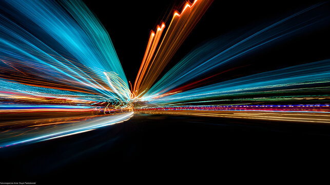 Vibrant colorful light trails streaks speed motion abstract background with blue orange hues on black - Powered by Adobe