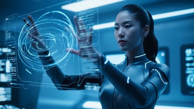 Futuristic Technology Interaction - A high-tech scene featuring a woman engaging with a holographic interface, surrounded by a modern, illuminated background.