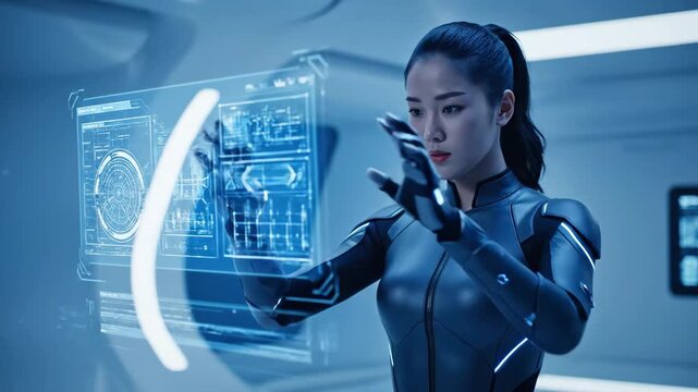 Futuristic Female Operator Interacting with Holographic Display - A female operator in a sleek, high-tech suit engages with a holographic interface displaying various digital controls and data.
