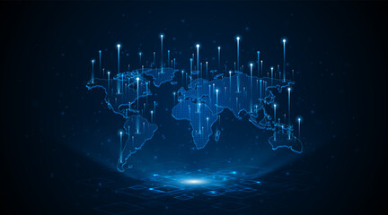 A holographic world map. Global connection network background. Internet technology concept or global communication. © Natt