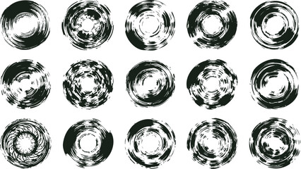 Collection of 15 abstract circular black and white designs with swirling patterns