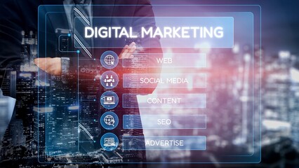 Fototapeta premium Digital marketing strategy broken down into categories: web, SEO, content, social media, and advertise. Digital tools enhance online marketing success across digital platforms. Muxer