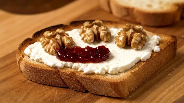 Cream Cheese and Jam Toast Preparation - This video showcases a slice of toasted bread spread with cream cheese, topped with chopped walnuts and a generous scoop of fruit jam being drizzled on top.