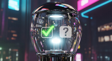 A transparent glossy sphere with a metallic base and top containing a glowing column and floating green checkmark and question mark icons set against a blurry urban night scene