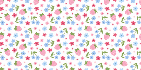 Cute floral spring summer pattern with strawberries © Myurenn