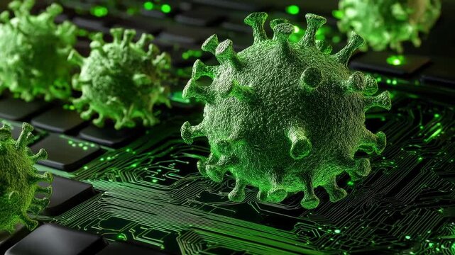 Virus digital cybersecurity threat concept computer keyboard circuit board, cyber attack malware threat glowing green cells hacking technology