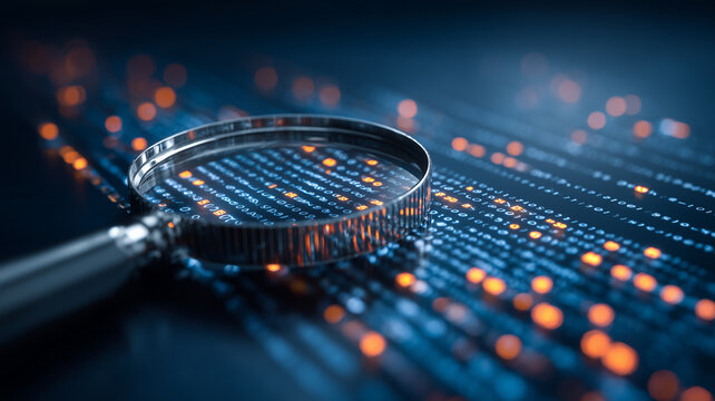Magnifying glass examining computer code and data streams symbolizing cybersecurity investigation and digital forensics.

