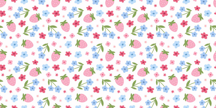 Cute floral spring summer pattern with strawberries