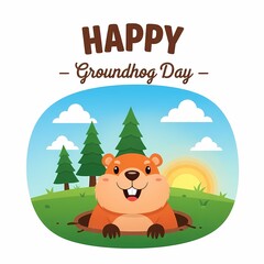 Happy Groundhog Day Cartoon Character Emerging From Hole At Sunrise