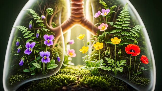 Lungs as a Garden: A Symbol of Health and Nature - An artistic illustration depicting human lungs filled with a vibrant ecosystem of flowers, ferns, and moss.
