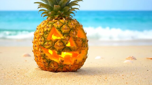 Jack-o'-lantern Pineapple on the Beach - A creatively carved pineapple resembling a jack-o'-lantern sits on a sandy beach.