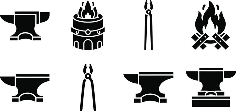 Collection of forging equipment symbols showing fire and tools