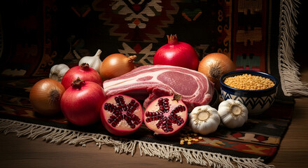 Still life of pomegranates, meat, and spices on a colorful rug with a bowl of grains