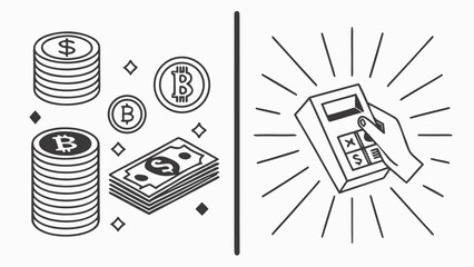 Financial Tools: A symbolic depiction of financial instruments, coins and paper currency, paired with a calculator, highlighting financial strategies.