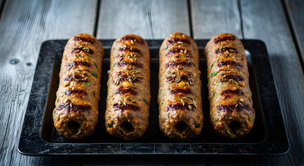 Four grilled sausages on a black tray on wooden table background