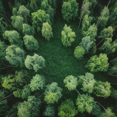 Fototapeta premium Aerial View of Lush Green Forest Forming Natural Circular Pattern with Dense Tree Canopy Creating Serene Environmental Landscape and Scenic Nature Background 