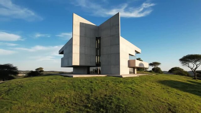 Modern concrete architecture on a grassy hill