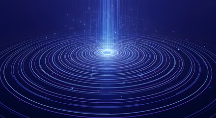 Glowing blue light forms concentric circles on a dark background with radiant beams
