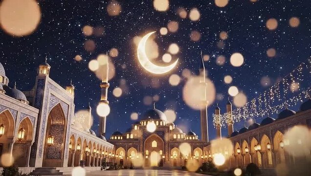 Mosque with crescent moon in warm golden lighting and bokeh effect for Ramadan greeting card
Ramzan background, EID Background 