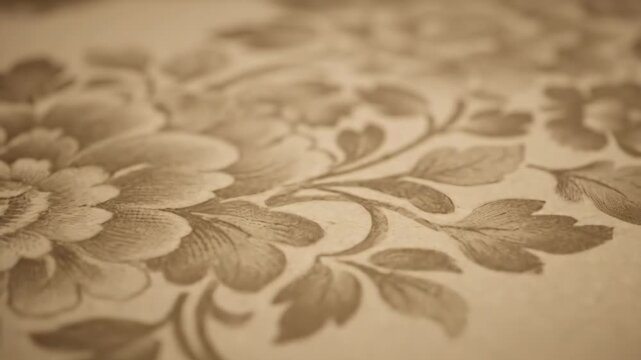 Elegant Floral Pattern Close-Up - This video showcases a detailed close-up of an intricate floral design, highlighting the soft curves and textures of leaves and petals.