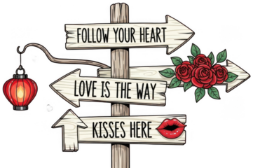 Valentine wooden signpost with romantic messages follow your heart love is the way kisses here