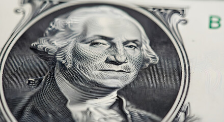 George Washington portrait on one dollar bill close up detail, American currency and finance concept for Presidents' Day, banking and federal government economy symbol