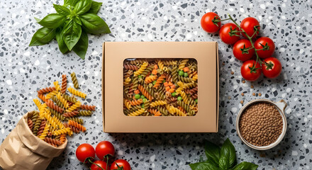 A box of colorful pasta surrounded by fresh tomatoes, basil, and a bowl of brown grains on a speckled countertop.