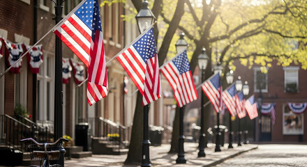 Row of American flags hanging from lamp posts lining a sunny historic brick street with bunting, patriotic decoration for Presidents' Day, Fourth of July, or Memorial Day celebrations