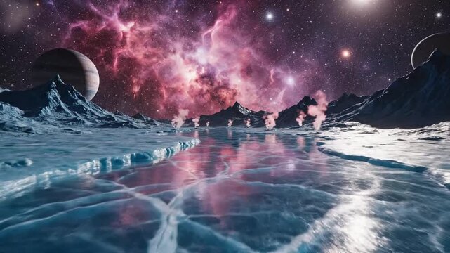 Surreal alien landscape with cosmic background