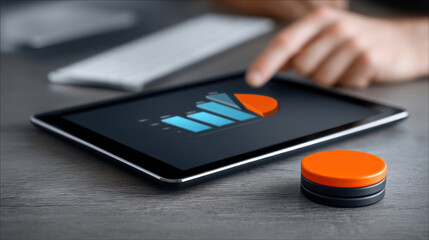 Tablet graph pie chart orange button touch business technology office digital analysis. Modern tablet displaying graph and pie chart with orange
