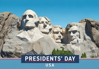 Mount Rushmore National Memorial low poly illustration with Presidents' Day USA text banner, patriotic American history landmark for federal holiday celebration concepts