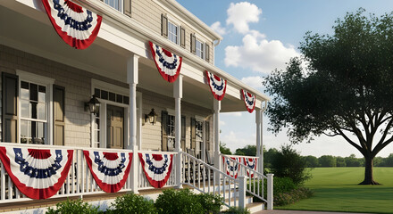 Classic suburban home front porch decorated with patriotic red white and blue bunting flags for Presidents' Day or Fourth of July celebration in summer